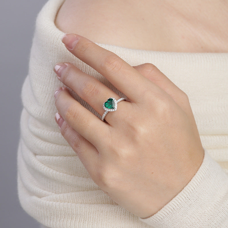Silber Smaragd Herz Halo-Ring