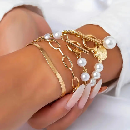 Schick Gold 4-teilig Armband-Set - Schlange, Perlen & Kettenglieder | Gold