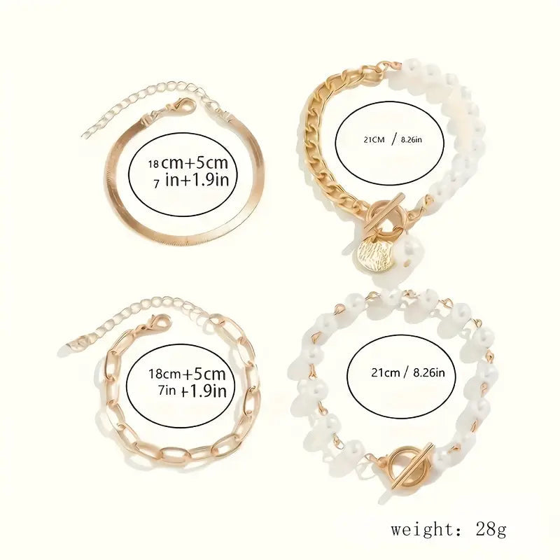 Schick Gold 4-teilig Armband-Set - Schlange, Perlen & Kettenglieder | Gold