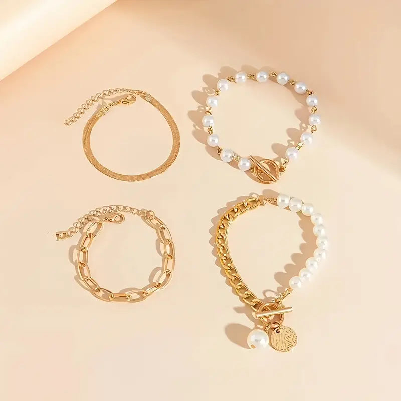 Schick Gold 4-teilig Armband-Set - Schlange, Perlen & Kettenglieder | Gold