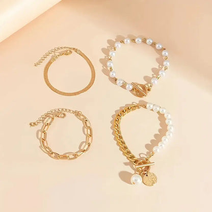 Schick Gold 4-teilig Armband-Set - Schlange, Perlen & Kettenglieder | Gold