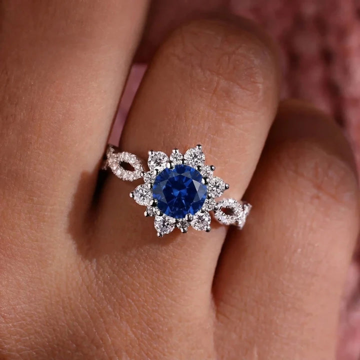 Kristall Saphir Blume Ring | Weißgold