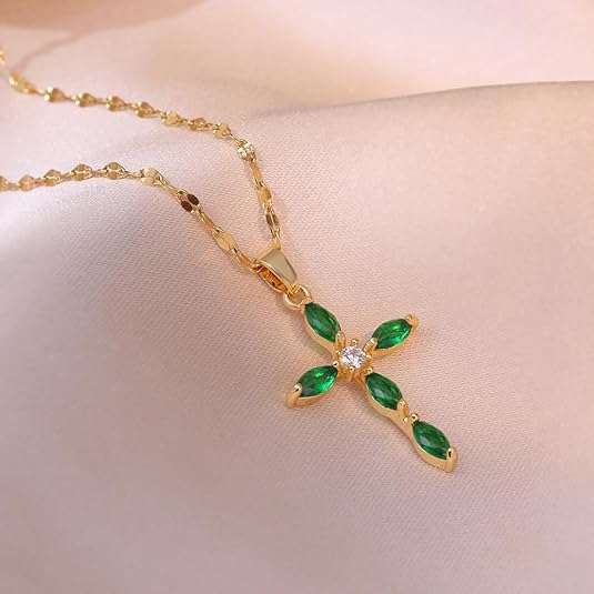 Gold Smaragd Marquise Kreuz-Halskette