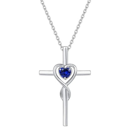 Saphir Herz Stein Kreuz-Halskette | Weißgold