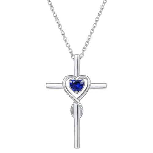 Saphir Herz Stein Kreuz-Halskette | Weißgold