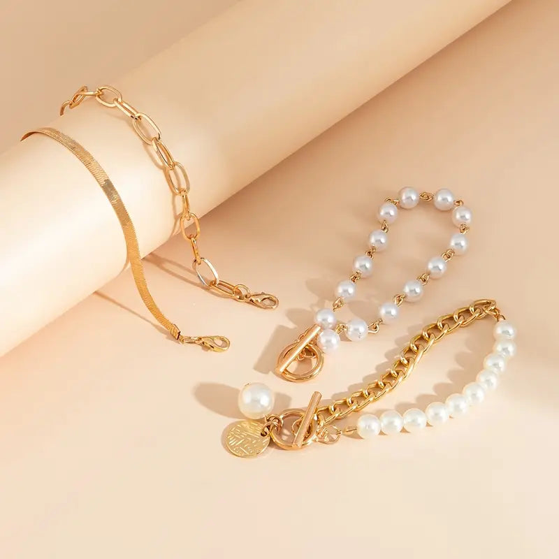 Schick Gold 4-teilig Armband-Set - Schlange, Perlen & Kettenglieder | Gold
