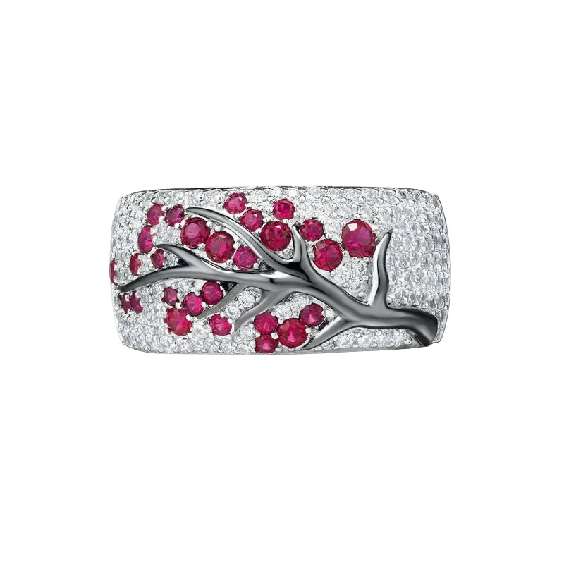 Rubin Blüte Baum Ring | Weißgold