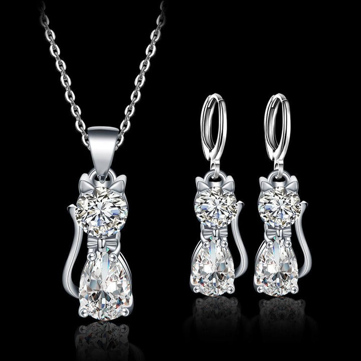 Set Halskette + Ohrringe Glückliche Katzen in Sterlingsilber und Poliertes Weiß Zirkonium